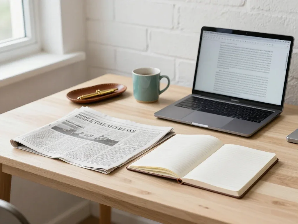 Espace de travail organisé avec carnet et ordinateur illustrant la veille informationnelle et la rédaction.